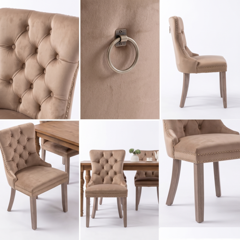 Set of 4 Upholstered Dining Chairs, Velvet Chairs with Button Tufting And Sturdy Wooden Legs, Contemporary Fabric Side Chairs for Dining Areas, Kitchens, Restaurants, And Hotels 12 A multi angle display collage highlighting the button tufted cushioning and hardware trim of the kahaki color Set of 4 Upholstered Dining Chairs design.