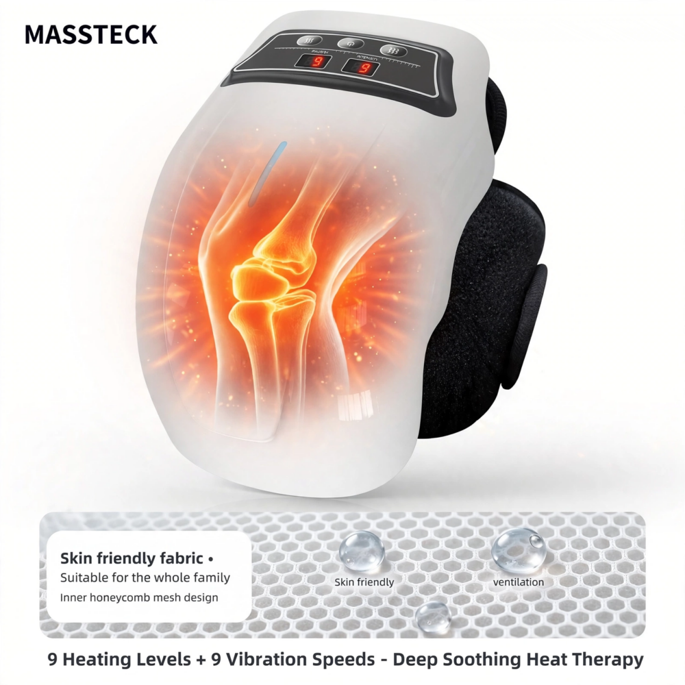 This image is a split-screen, with the top portion being a studio shot of the MASSTECK Knee Massager Featuring Heat (same as image_1.png). The bottom portion is an informational panel showing a close-up of a white, honeycomb mesh fabric. Text to the left reads "Skin friendly fabric - Suitable for the whole family. I