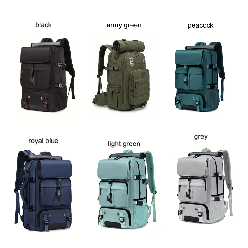 One Large Capacity Laptop Backpack, Designed for Both Men And Women, Featuring a Multifunctional Travel Design with a Compartment for Shoes, Ideal for Business Trips, Travel, College, Holiday Travel, Party Gifts, School Use 17 A product showcase matrix displaying six color options for the One Large Capacity Laptop Backpack against a clean white background. The options are arranged in two rows of three, labeled as black, army green, peacock, royal blue, light green, and grey. Each variant shows a unique design variation of the multi-compartment travel pack.