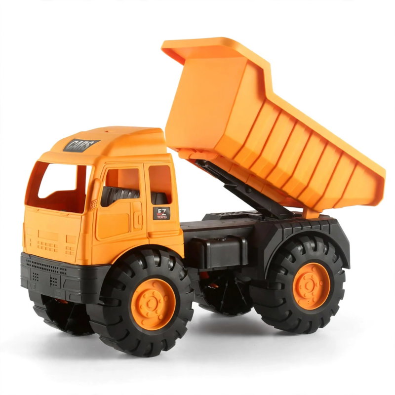 Back to School New Semester Excavator Toy Car Large Engineering Vehicle Set Dumper Truck Cement Mixer Excavator Crane 5 Large orange dump truck toy car large shown with its cargo bed fully tilted upward to display the dumping mechanism.