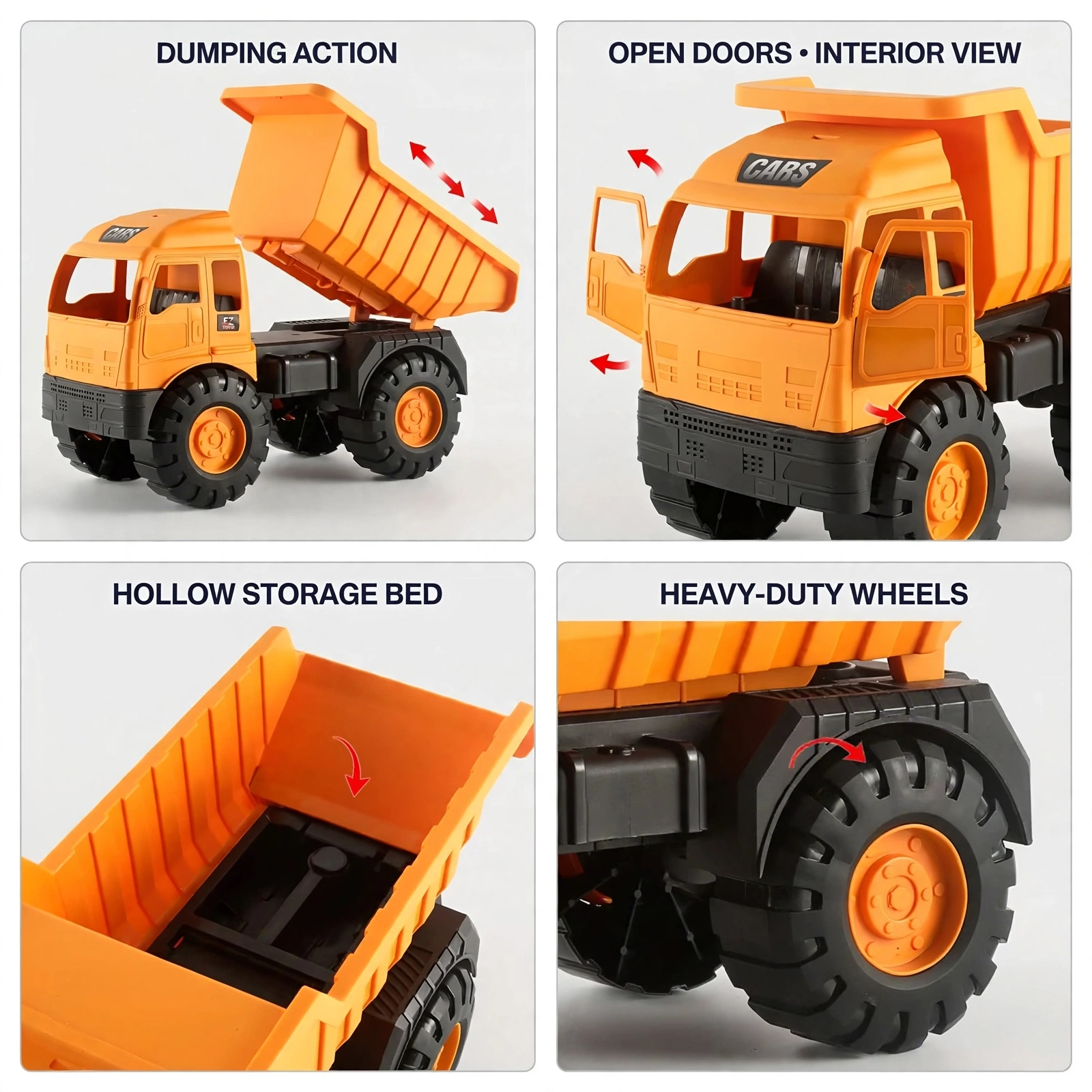 Back to School New Semester Excavator Toy Car Large Engineering Vehicle Set Dumper Truck Cement Mixer Excavator Crane 11 Four-grid image highlighting dumping action, open doors, interior view, hollow storage bed, and heavy-duty wheels of the dump truck toy car large.