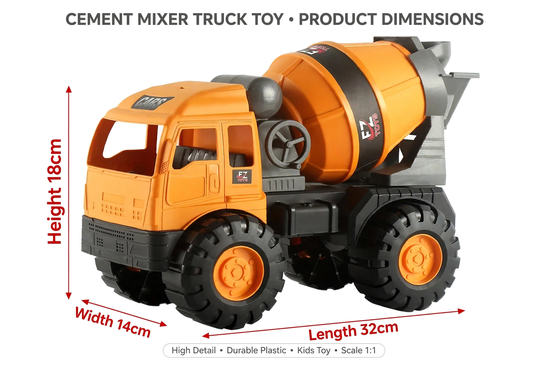 Back to School New Semester Excavator Toy Car Large Engineering Vehicle Set Dumper Truck Cement Mixer Excavator Crane 10 Technical specification layout showing height, width, and length measurements of the large cement mixer toy car large.