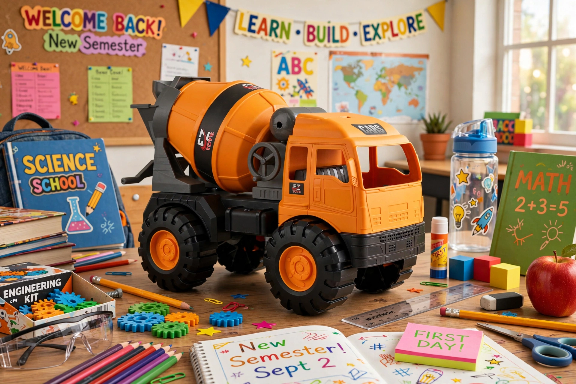 Back to School New Semester Excavator Toy Car Large Engineering Vehicle Set Dumper Truck Cement Mixer Excavator Crane 7 Large orange cement mixer toy car large placed on a wooden desk surrounded by school supplies, books, and educational toys.
