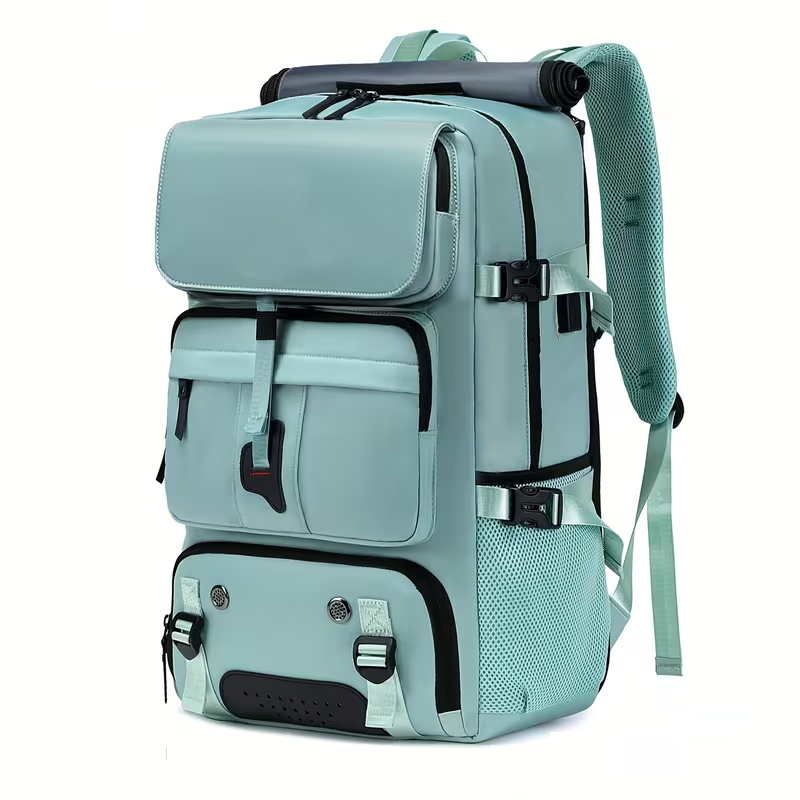 One Large Capacity Laptop Backpack, Designed for Both Men And Women, Featuring a Multifunctional Travel Design with a Compartment for Shoes, Ideal for Business Trips, Travel, College, Holiday Travel, Party Gifts, School Use 7 A professional studio front three quarter view of a light green color One Large Capacity Laptop Backpack standing upright on a white background. The backpack features mint green fabric accents, modular zippered storage pouches, dual side compression straps with heavy duty buckles, and a matching light green mesh side pocket.