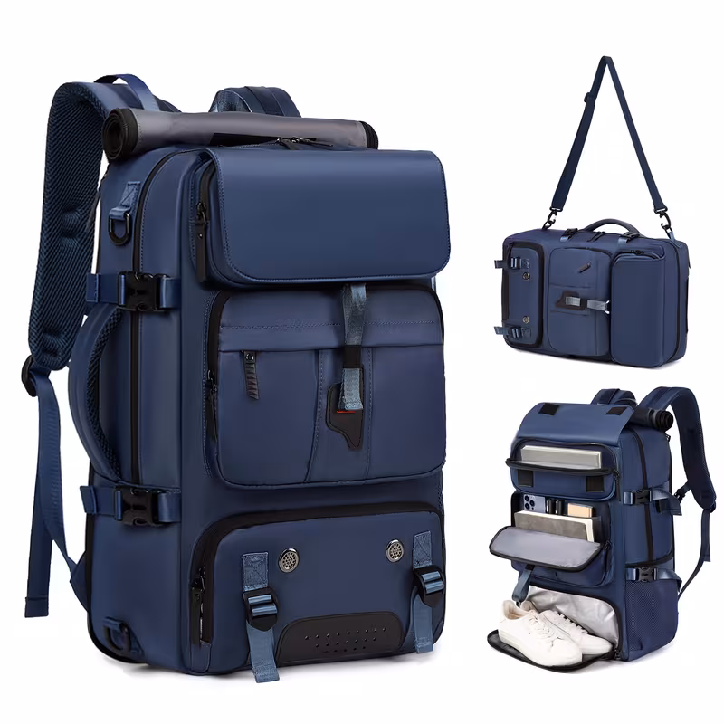 One Large Capacity Laptop Backpack, Designed for Both Men And Women, Featuring a Multifunctional Travel Design with a Compartment for Shoes, Ideal for Business Trips, Travel, College, Holiday Travel, Party Gifts, School Use 9 A studio product composite image of a royal navy color One Large Capacity Laptop Backpack. The main view shows the backpack standing upright with a grey rolled mat on top. Inset views show the bag converted into a duffel style shoulder bag with a long strap, and an open layout displaying stacked interior pockets holding tech accessories and a separate bottom zipper compartment with white shoes.
