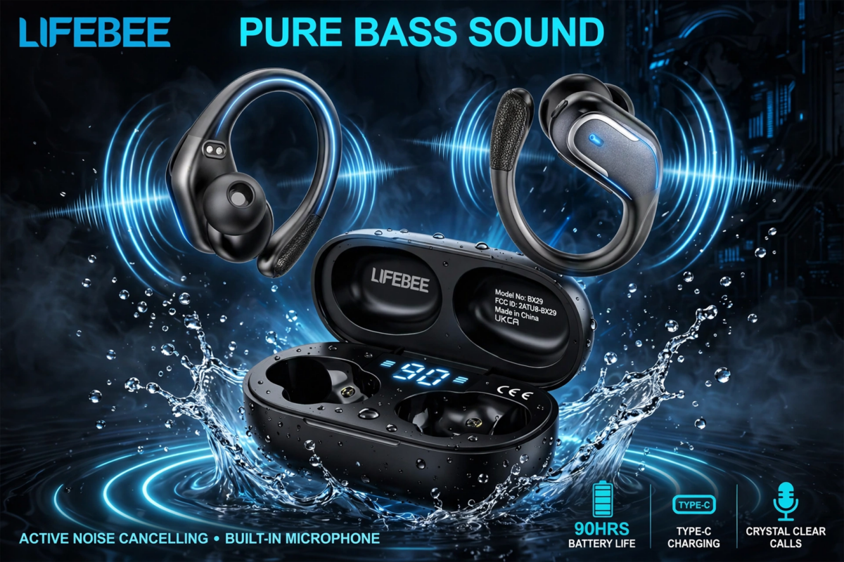 New Wireless Earbuds for Running Sports, Wireless Earphones with Pure Bass Sound, Over Ear Headphones with Dual-LED Display, Earphones Noise Cancelling Headset Built-in Microphone 3 LIFEBEE wireless earbuds for running sports floating above a charging case with dynamic water splashes and sound wave graphics.