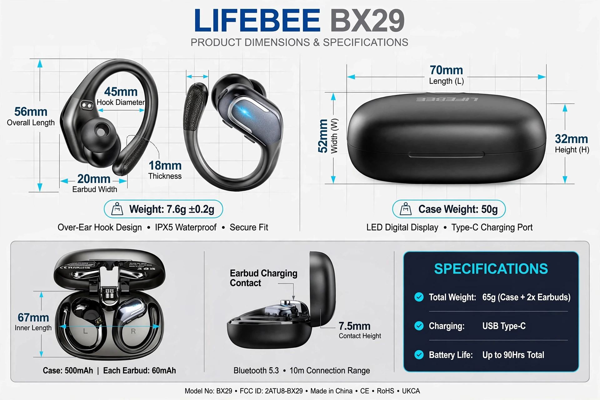 New Wireless Earbuds for Running Sports, Wireless Earphones with Pure Bass Sound, Over Ear Headphones with Dual-LED Display, Earphones Noise Cancelling Headset Built-in Microphone 7 Detailed technical specification sheet and dimensional layout of LIFEBEE wireless earbuds for running sports and charging case.