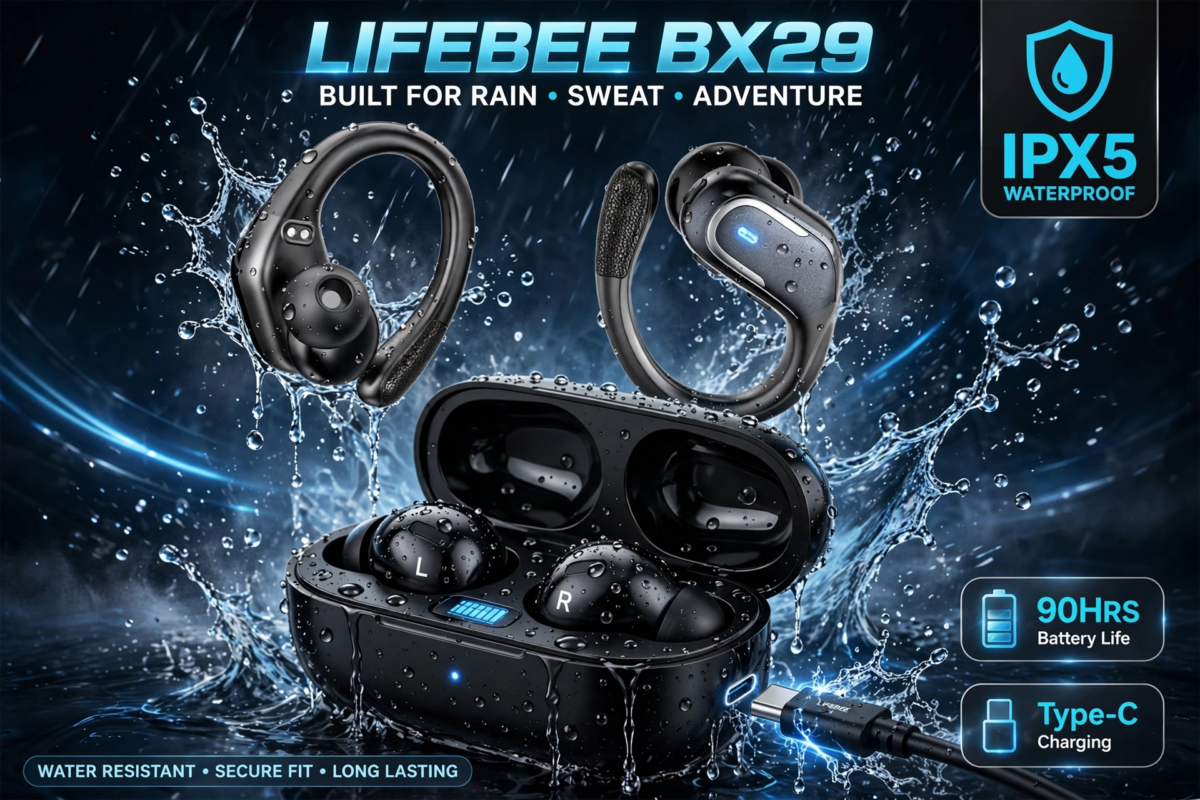 New Wireless Earbuds for Running Sports, Wireless Earphones with Pure Bass Sound, Over Ear Headphones with Dual-LED Display, Earphones Noise Cancelling Headset Built-in Microphone 4 LIFEBEE wireless earbuds for running sports displayed amidst cascading water droplets emphasizing waterproof features.