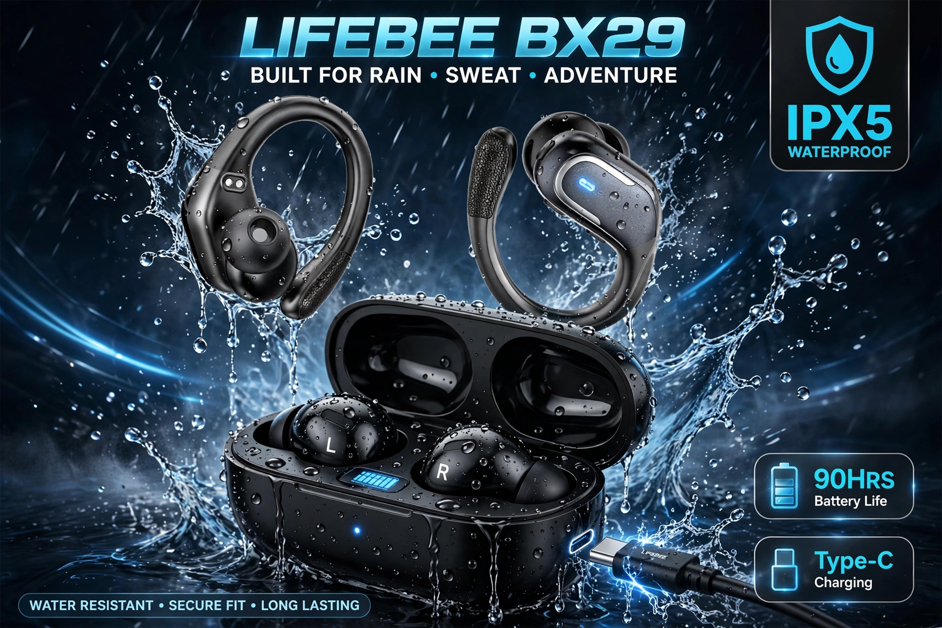 New Wireless Earbuds for Running Sports, Wireless Earphones with Pure Bass Sound, Over Ear Headphones with Dual-LED Display, Earphones Noise Cancelling Headset Built-in Microphone 8 LIFEBEE wireless earbuds for running sports displayed amidst cascading water droplets emphasizing waterproof features.
