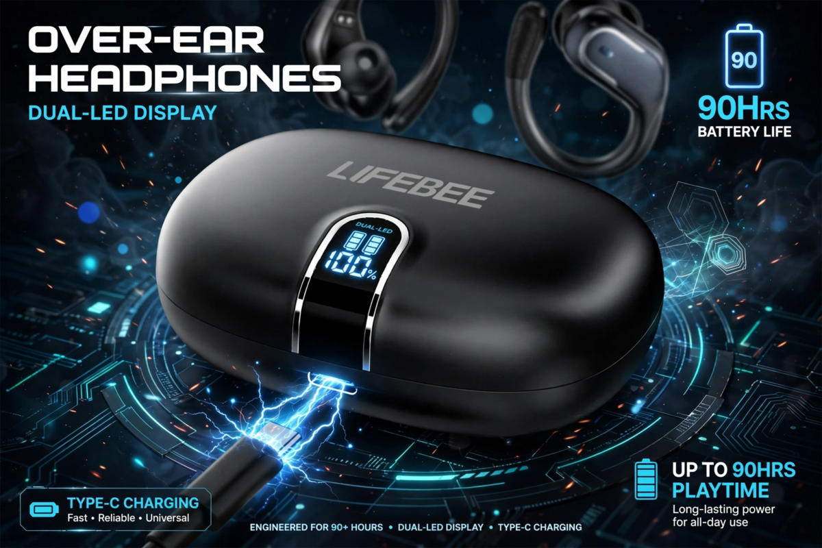 New Wireless Earbuds for Running Sports, Wireless Earphones with Pure Bass Sound, Over Ear Headphones with Dual-LED Display, Earphones Noise Cancelling Headset Built-in Microphone 5 Close-up of the sleek black charging case with a glowing dual LED digital percentage display for wireless earbuds for running sports.