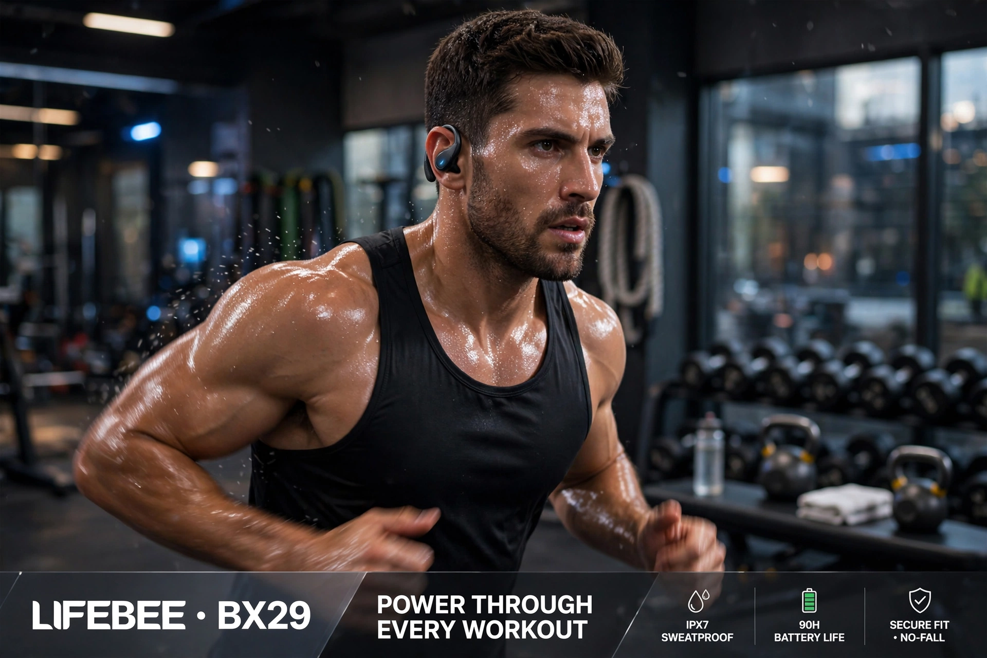 New Wireless Earbuds for Running Sports, Wireless Earphones with Pure Bass Sound, Over Ear Headphones with Dual-LED Display, Earphones Noise Cancelling Headset Built-in Microphone 9 Sweaty male athlete working out in a gym while wearing secure fit wireless earbuds for running sports.
