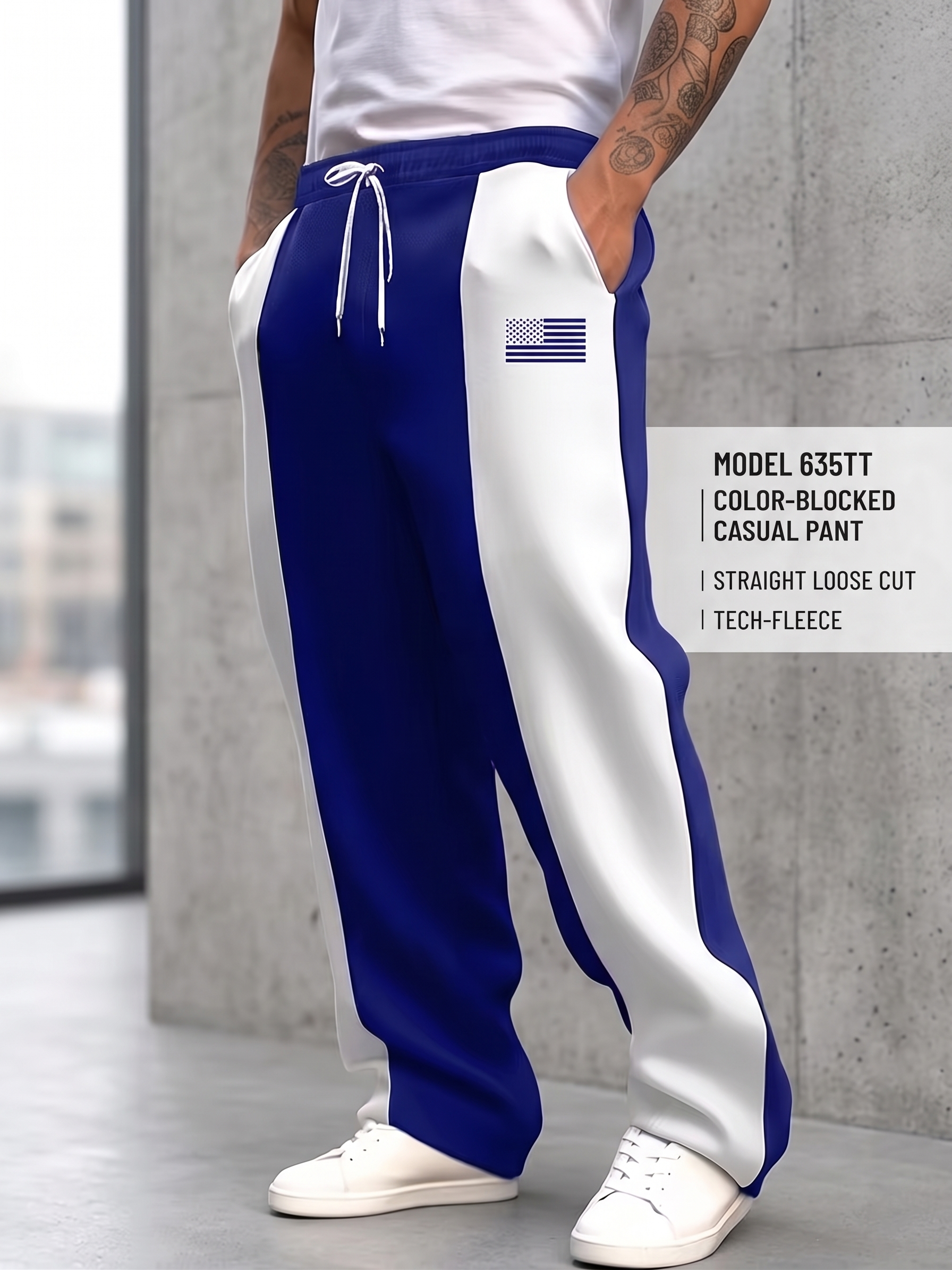 Men'S Color-Blocked Casual Pants Feature a Stylish Design with Comfortable And Structured Fabric. The Drawstring Waist Fits The Body Well, Making It Trendy And Eye-Catching. with a Loose Straight Cut 44 Product collage showing a model wearing the light blue color-blocked pants alongside macro detail grids.