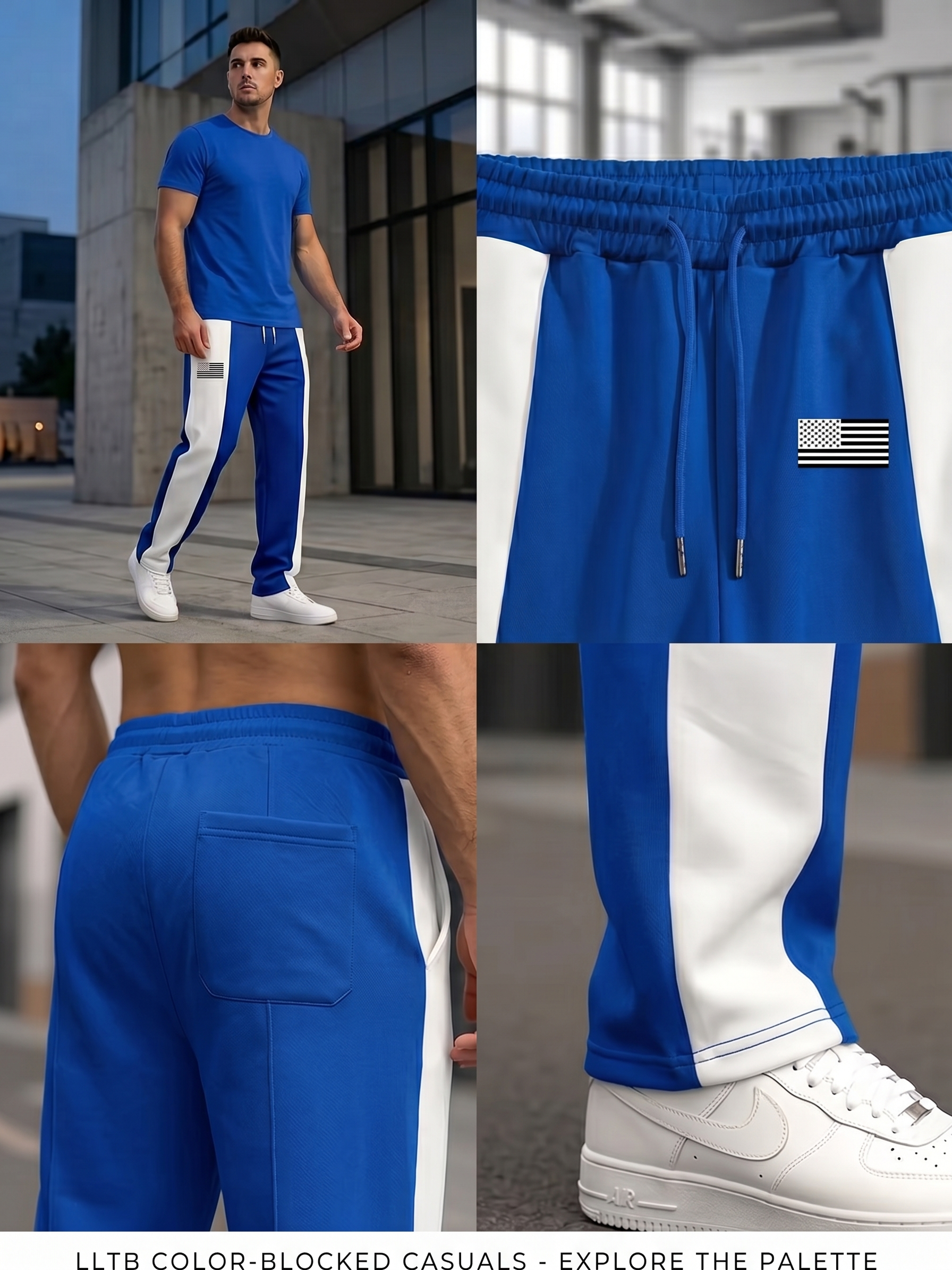 Men'S Color-Blocked Casual Pants Feature a Stylish Design with Comfortable And Structured Fabric. The Drawstring Waist Fits The Body Well, Making It Trendy And Eye-Catching. with a Loose Straight Cut 57 Twin model studio shot showcasing the front three-quarter and rear fit profiles of the light blue color-blocked casual pants.