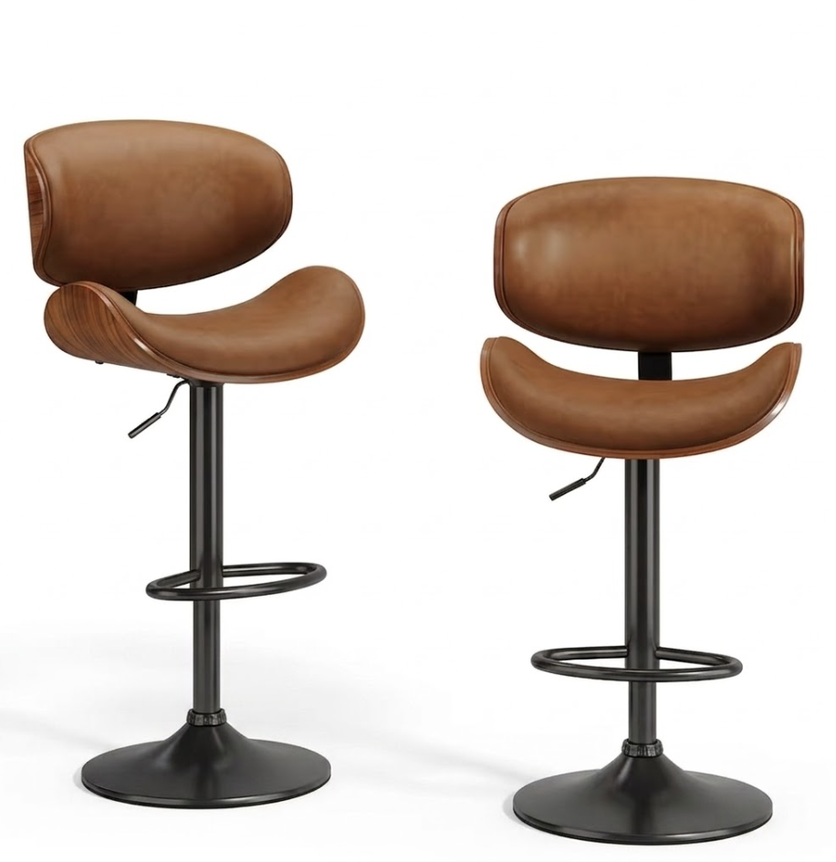 useful Swivel Bar Stools Set Of 2 Seat, Set Of 1 And 4 Seat, Adjustable Height 24.5-33.5in, Wooden Barstools PU Leather Upholstered Bar Chairs with Back & Footrest for Bar Kitchen Dining Room 15 A side by side studio display of two pieces from the light brown color bar stools set of 1 and 2 seat line showing one stool in a three quarter angle and the other facing forward to showcase the cognac leather seats walnut wood backing and black metal pedestal bases