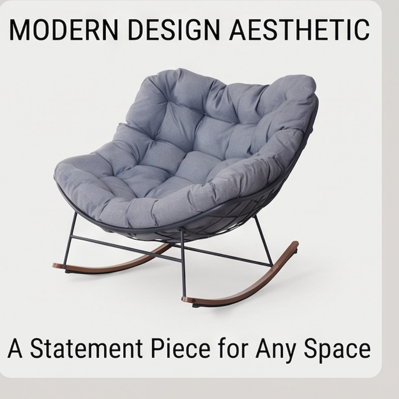 Studio shot of the light gray papasan rocking chair against a plain light background. Text overlay at the top reads "MODERN DESIGN AESTHETIC", and text at the bottom reads "A Statement Piece for Any Space".
