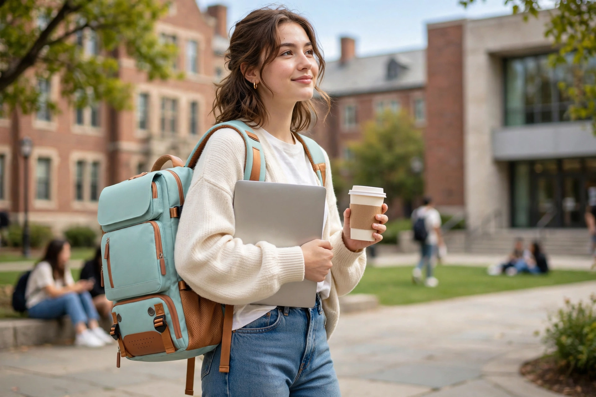A Versatile Large-Capacity Backpack for Students, Suitable for Short Trips, Laptops, And Various Uses, Including Dual Shoulder Straps And a Convenient Carry Option 20 A smiling college student holding a laptop and coffee cup on campus with a light green color Versatile Large-Capacity Backpack for Students on her back.