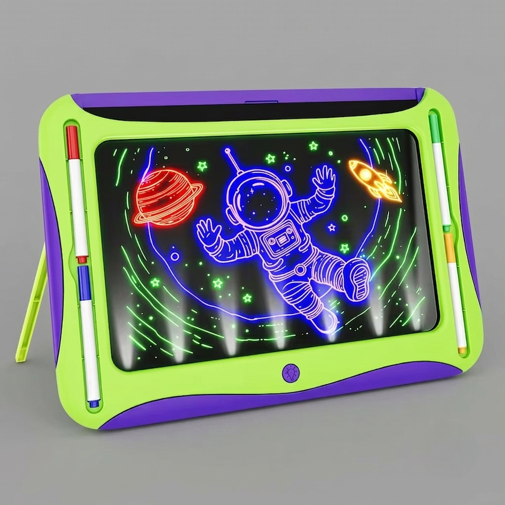 LED Light-Up Drawing Writing Doodle Board, Learning Travel Toy with 9 Double-Sided Cards, 6 Markers, Art Set, Suitable for Birthday Gifts And Christmas Gifts for Girls And Boys Aged 3-8. 7 A light green color LED Light Up Drawing Writing Doodle Board shown from the front, featuring a glowing astronaut design on the drawing surface.