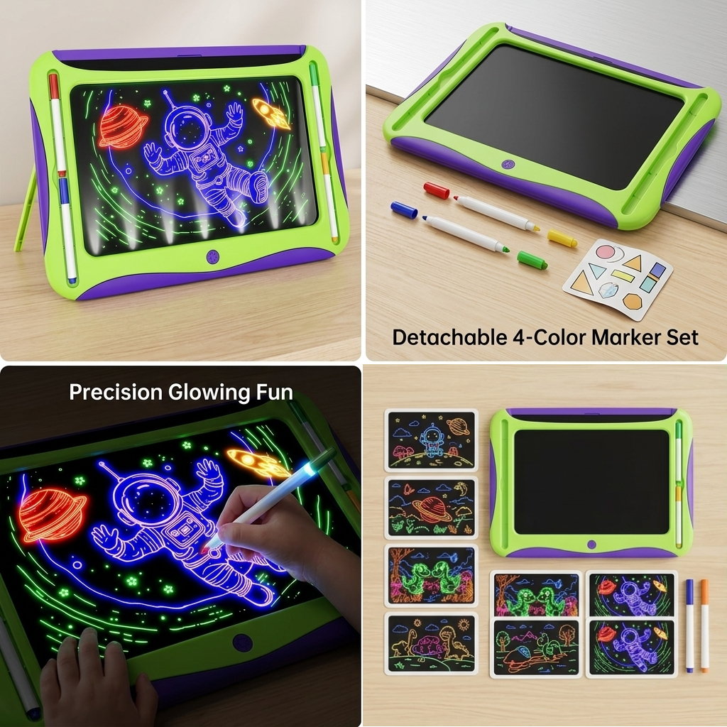 LED Light-Up Drawing Writing Doodle Board, Learning Travel Toy with 9 Double-Sided Cards, 6 Markers, Art Set, Suitable for Birthday Gifts And Christmas Gifts for Girls And Boys Aged 3-8. 8 A collage showing the light green color LED Light Up Drawing Writing Doodle Board with a child drawing, a detachable 4 color marker set, and various activity cards.