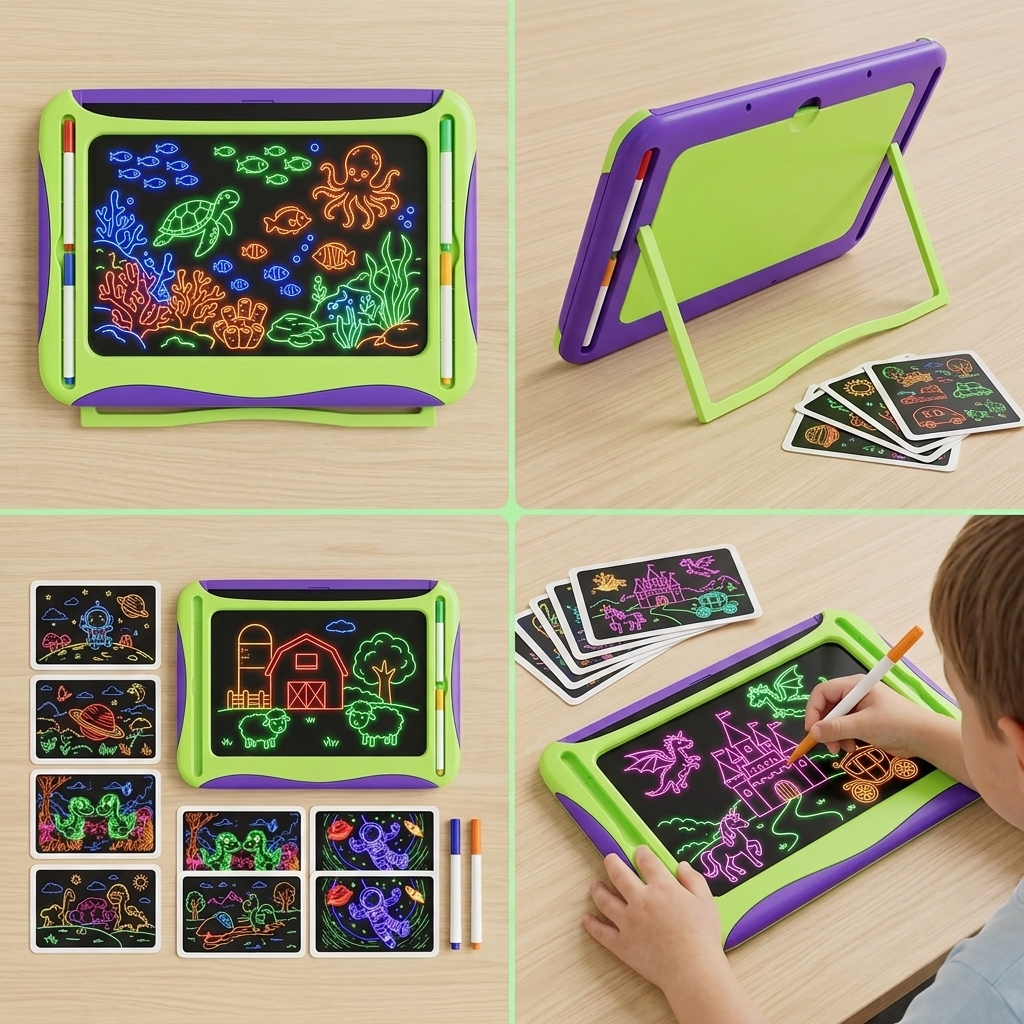LED Light-Up Drawing Writing Doodle Board, Learning Travel Toy with 9 Double-Sided Cards, 6 Markers, Art Set, Suitable for Birthday Gifts And Christmas Gifts for Girls And Boys Aged 3-8. 9 A collage showing the light green color LED Light Up Drawing Writing Doodle Board with different tracing cards featuring underwater, farm, and castle themes, and a child drawing a castle.