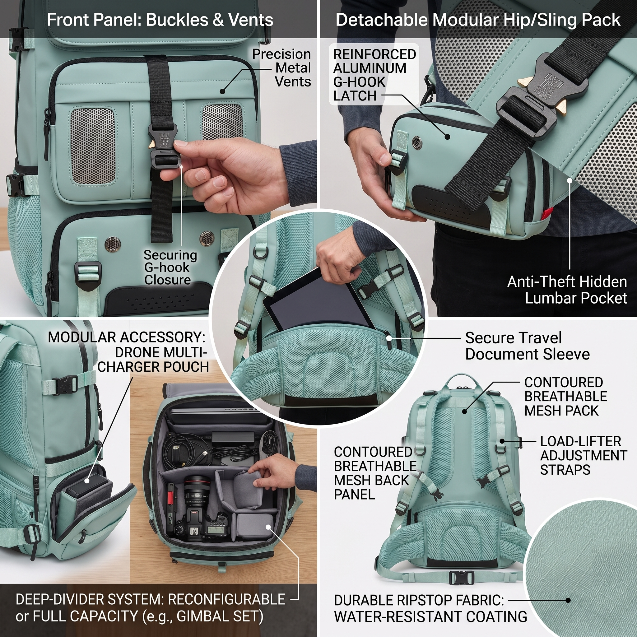 One Large Capacity Laptop Backpack, Designed for Both Men And Women, Featuring a Multifunctional Travel Design with a Compartment for Shoes, Ideal for Business Trips, Travel, College, Holiday Travel, Party Gifts, School Use 19 An annotated technical diagram of a light green color One Large Capacity Laptop Backpack highlighting functional sections. Labels point to precision metal vents, a securing G hook closure on the front panel, an unzipped main compartment containing a camera lens and technical gear, an integrated roll out ground mat, and a model wearing a detachable modular hip pack with an anti theft hidden lumbar pocket.