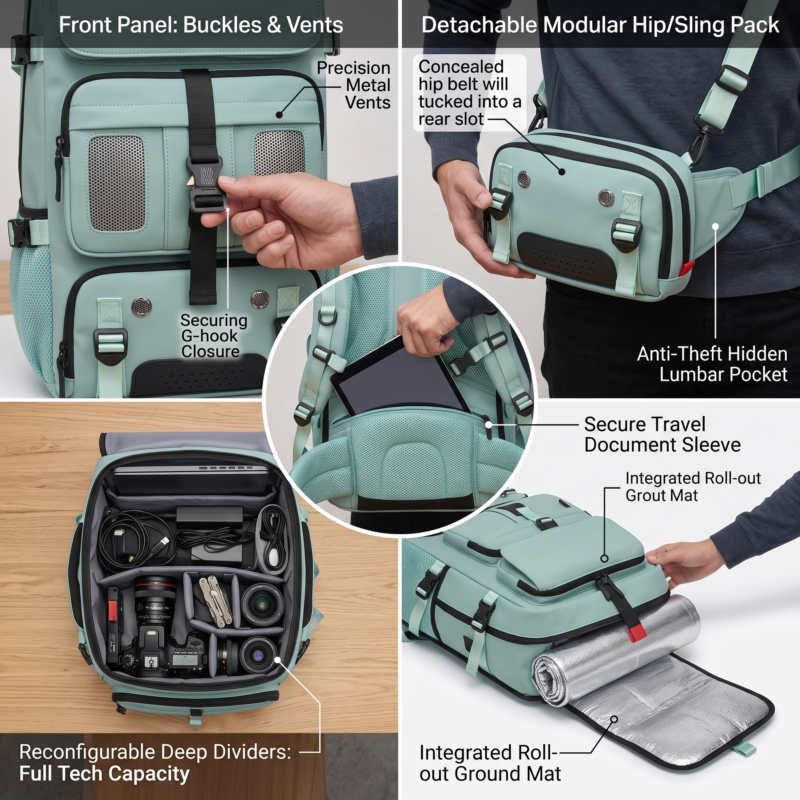 One Large Capacity Laptop Backpack, Designed for Both Men And Women, Featuring a Multifunctional Travel Design with a Compartment for Shoes, Ideal for Business Trips, Travel, College, Holiday Travel, Party Gifts, School Use 10 A comprehensive technical features infographic of a light green color One Large Capacity Laptop Backpack. Callouts display a reinforced aluminum G hook latch on a detachable hip pack, a modular drone multi charger pouch on the side pocket, an internal deep divider layout organizing a gimbal set, a contoured breathable mesh back panel with load lifter adjustment straps, and a macro circle focusing on the water resistant durable ripstop fabric.