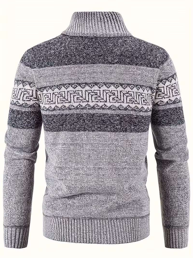 Men's Thermal Fleece-Lined Sport Knit Sweater with Pockets - Ethnic Wave Pattern, Stand Collar, Long Sleeve for Hiking, Cycling & Casual Winter Wear - Father’s Day Gift, Winter Knit Fabric 13 A clean straight-on studio product shot displaying the back view of a light grey Men's Sport Knit Sweater with Pockets, highlighting the heavy marled winter knit fabric texture, ribbed high stand collar, and a continuous charcoal and cream geometric ethnic wave pattern across the back and shoulders.