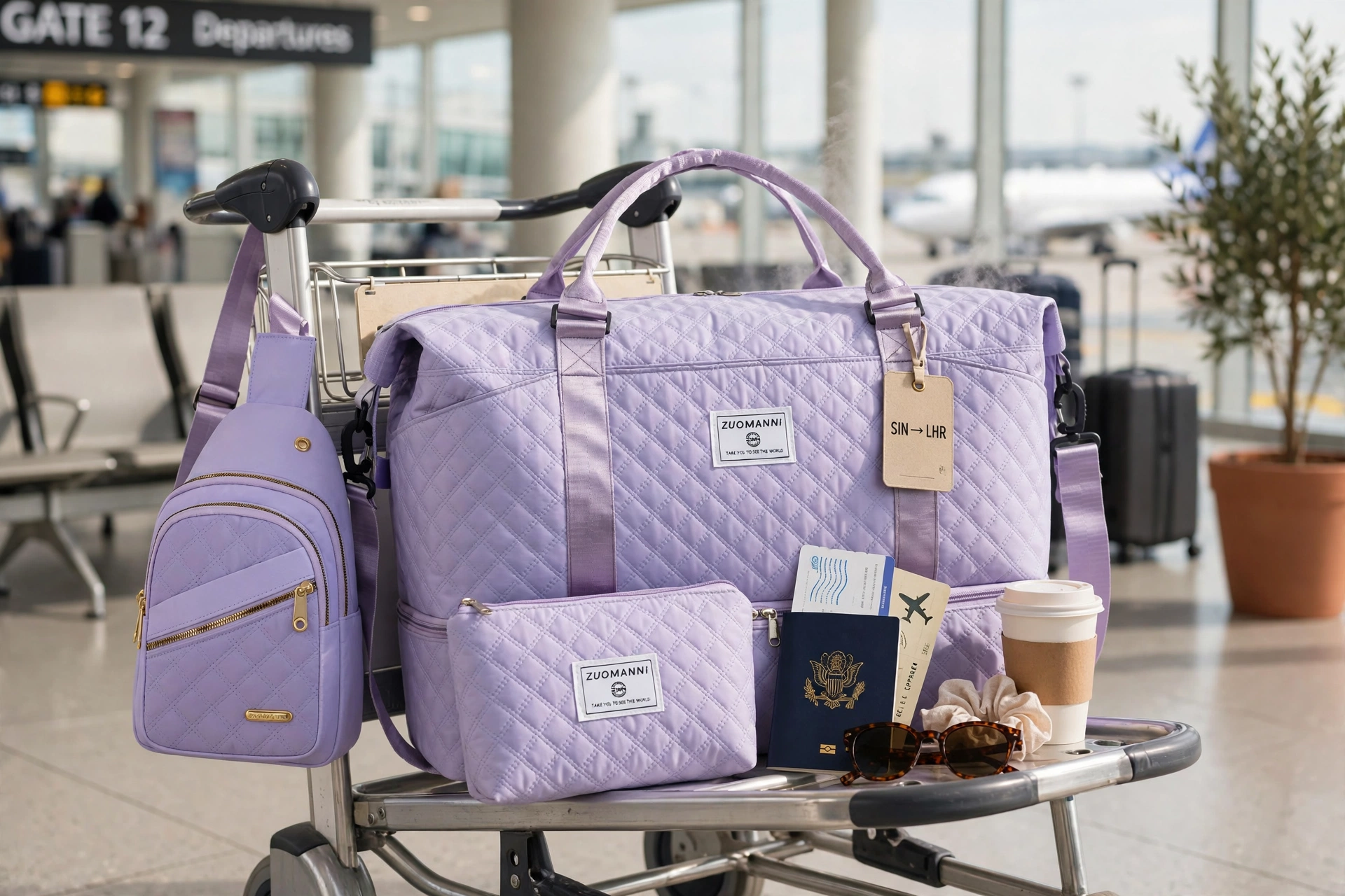 A Three-Piece Travel Set Including a Tote Bag, a Toiletry Bag, And a Shoulder Bag, Featuring a Spacious Independent Shoe Compartment, Perfect for Outdoor Fitness, Travel, Overnight Stays, And Weekend Trips 20 An airport terminal luggage cart holding a light purple color tote bag set, accompanied by a passport, boarding passes, sunglasses, and a cup of coffee.