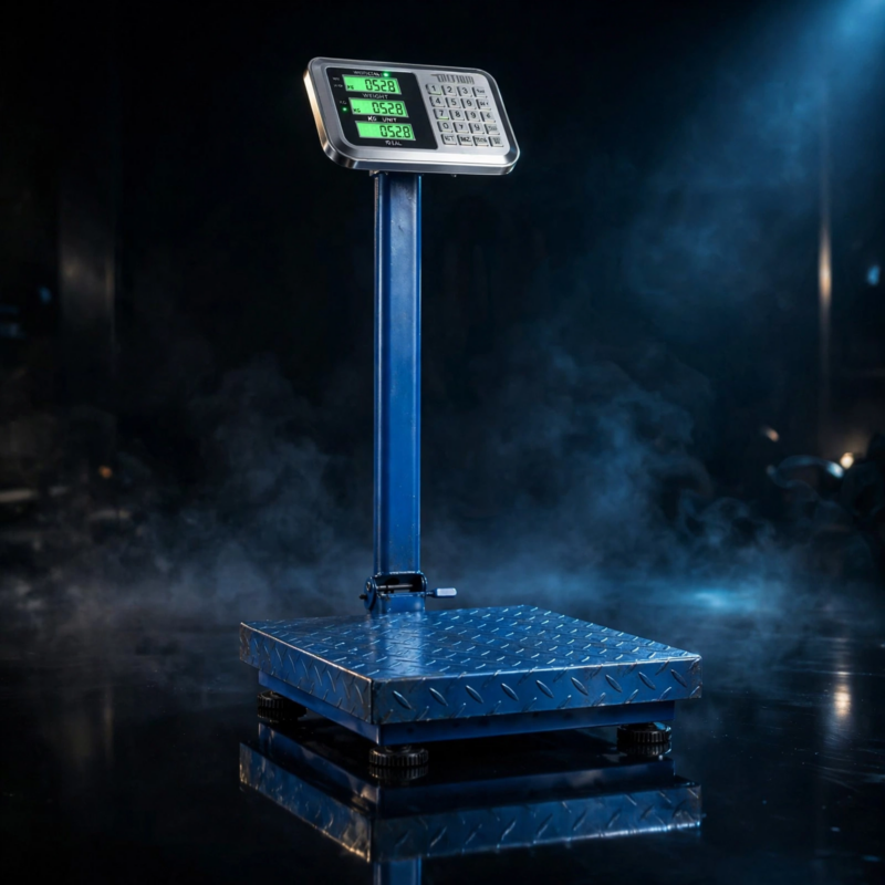 Electronic Industrial Commercial Platform Scale,Stainless Steel High-Definition LCD Display, Digital Floor Heavy Duty, Luggage Package Price Computing Postal Shipping Mailing 5 A sleek blue color commercial platform scale staged in a dark atmospheric room with dramatic lighting and smoke effects