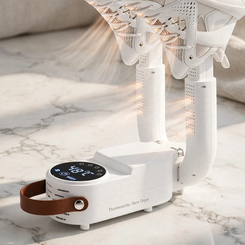 exclusive Antosun Footwear Dryer Odor Eliminator for Shoes, Equipped with Timer, Glove Dryer for Boxing, Collapsible, Suitable for Ski Boots, Socks, And Sneakers, Color: White, Without Battery 6 Detailed close-up of the digital LED touch control panel and warm airflow emerging from the odor eliminator for shoes