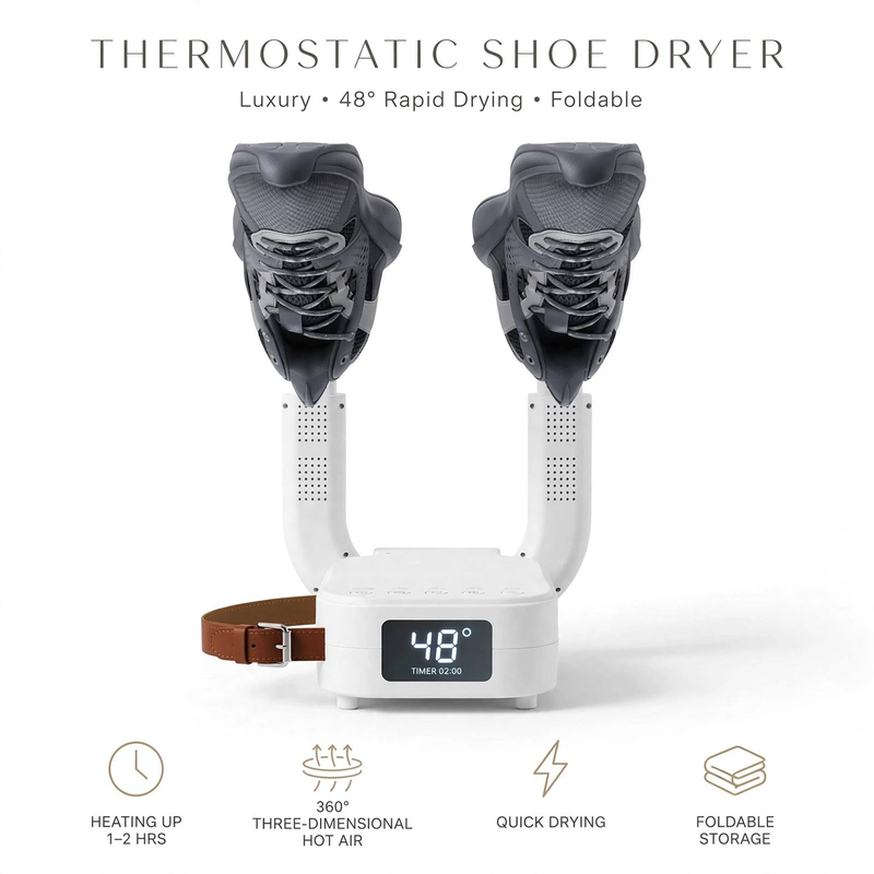 exclusive Antosun Footwear Dryer Odor Eliminator for Shoes, Equipped with Timer, Glove Dryer for Boxing, Collapsible, Suitable for Ski Boots, Socks, And Sneakers, Color: White, Without Battery 7 Studio product shot of a white luxury odor eliminator for shoes with a digital display showing 48 degrees and dark sneakers mounted on top.