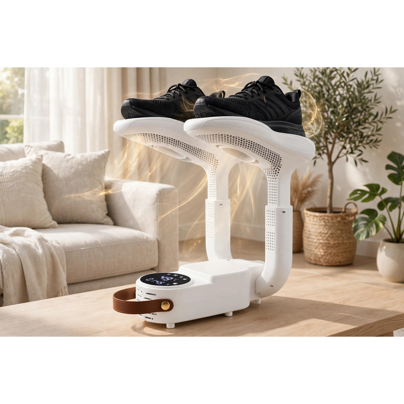 exclusive Antosun Footwear Dryer Odor Eliminator for Shoes, Equipped with Timer, Glove Dryer for Boxing, Collapsible, Suitable for Ski Boots, Socks, And Sneakers, Color: White, Without Battery 5 Luxury odor eliminator for shoes drying black running shoes on a wooden table in a sunlit living room
