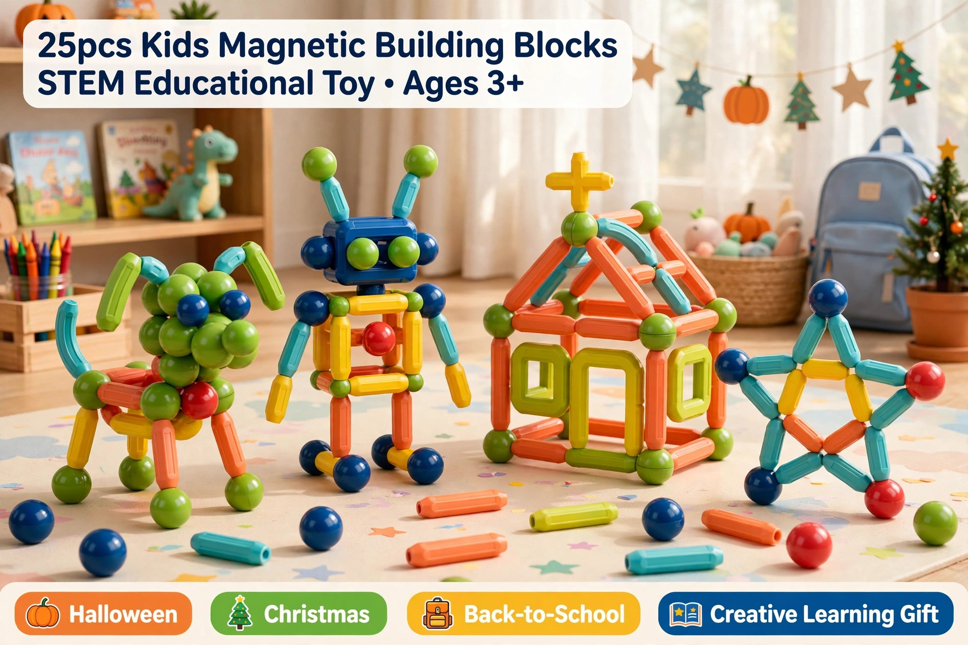 Kids Magnetic Building Blocks STEM Educational Toy for Ages 3 And Up, Enhances Hands-On Skills, Creativity, And Focus – Perfect Creative Learning Gift/Halloween Surprise/Christmas Surprise/Back-To-School Gift 14 Four different completed magnetic block structures (dog, robot, house, star) arranged on a playroom rug.