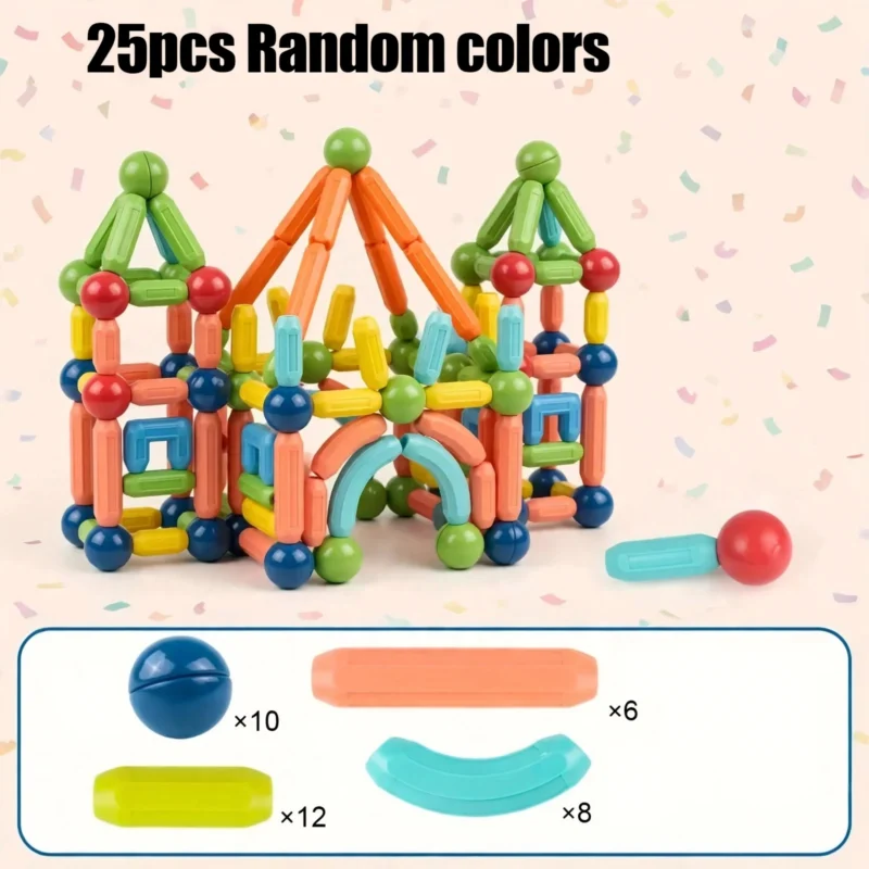 Kids Magnetic Building Blocks STEM Educational Toy for Ages 3 And Up, Enhances Hands-On Skills, Creativity, And Focus – Perfect Creative Learning Gift/Halloween Surprise/Christmas Surprise/Back-To-School Gift 7 A finished toy castle made from magnetic balls and rods, displayed against a confetti background with an inventory list below.
