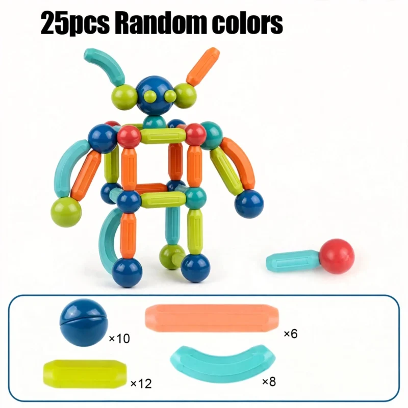 Kids Magnetic Building Blocks STEM Educational Toy for Ages 3 And Up, Enhances Hands-On Skills, Creativity, And Focus – Perfect Creative Learning Gift/Halloween Surprise/Christmas Surprise/Back-To-School Gift 9 A finished robot figure made from magnetic balls and rods, displayed against a white background with an inventory list below.