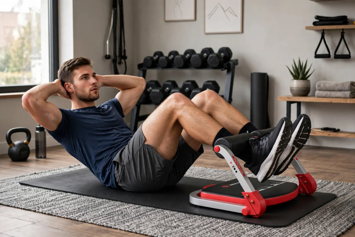 practical MERACH Multifunctional abdominal trainer, core strength, waist slimming, abdominal fitness home exercise equipment, home abdominal muscle training and abdominal loss fitness equipment 5 A man performing sit-ups with a red multifunctional abdominal trainer on a black exercise mat