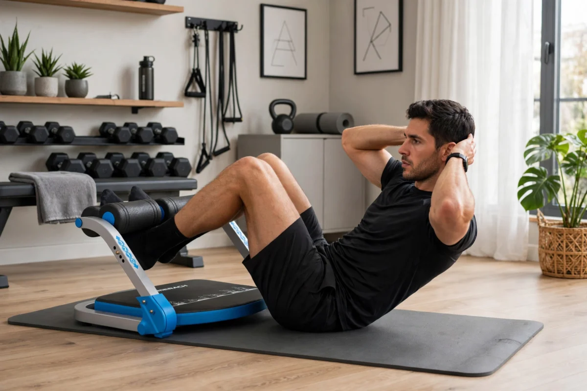 practical MERACH Multifunctional abdominal trainer, core strength, waist slimming, abdominal fitness home exercise equipment, home abdominal muscle training and abdominal loss fitness equipment 6 A man engaging in core training routines using the blue multifunctional abdominal trainer