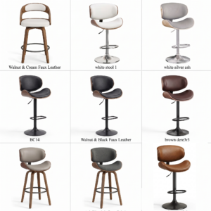 A professional product layout showcasing modern swivel bar stools set of 2 seat options featuring adjustable height pedestals, various fabric tones, and premium bentwood frames on a white background.