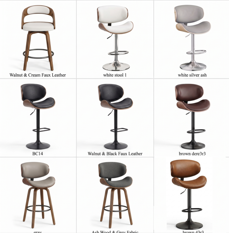 A professional product layout showcasing modern swivel bar stools set of 2 seat options featuring adjustable height pedestals, various fabric tones, and premium bentwood frames on a white background.