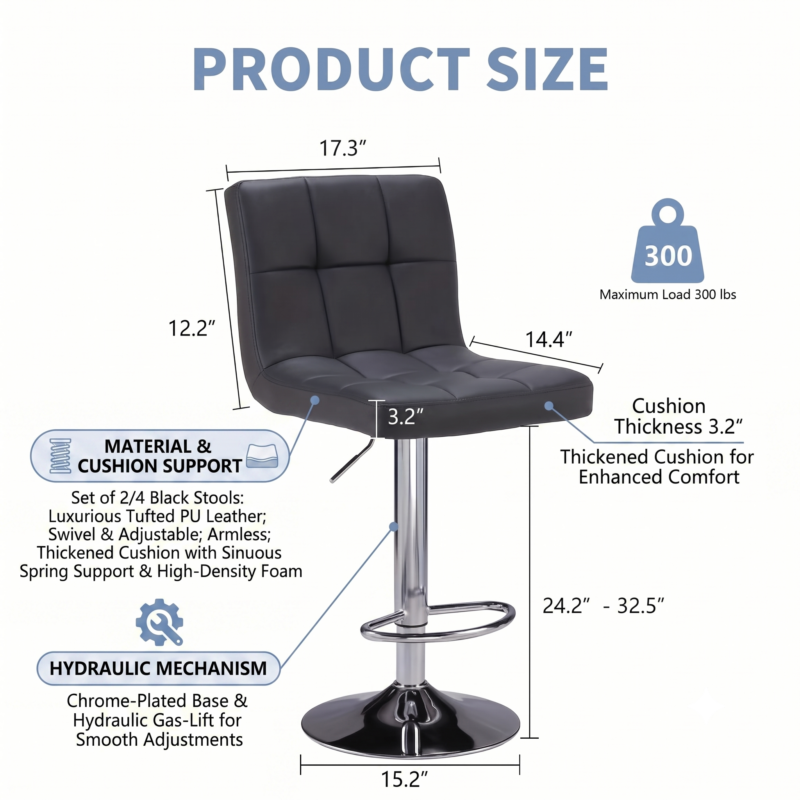 Set Of 2/4 Bar Stools Luxurious PU Leather, Swivel & Adjustable, Armless Kitchen Counter Stools with Thickened Cushion & Back Support, Hydraulic Island Barstools, Black 9 Size chart graphic diagram detailing dimensions, 300 lbs load capacity, and features of the black color 2 bar stools luxurious PU leather.