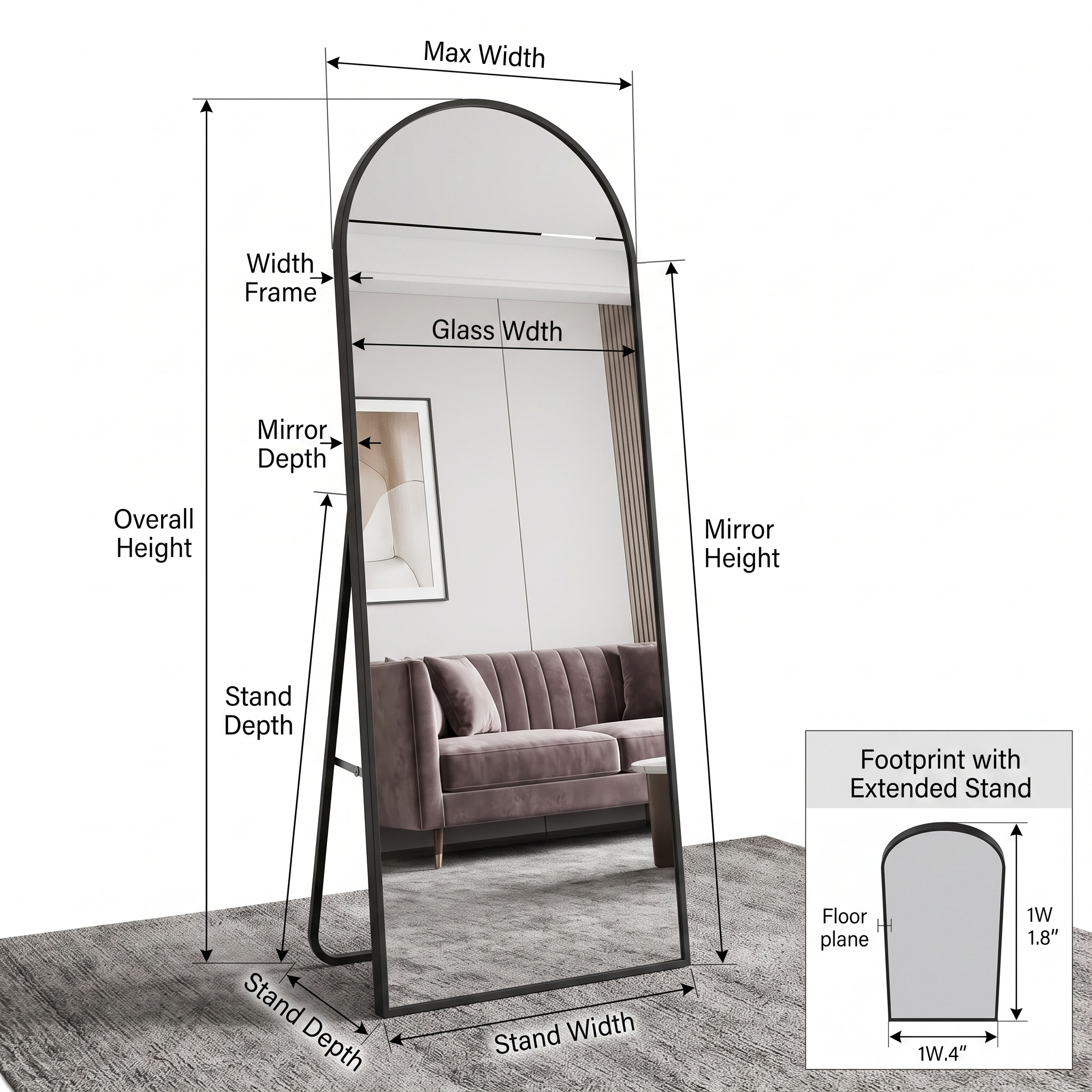 Arched Full Length Mirror with Free Standing & Leaning/Hanging Mount - Tall Vertical Oval Arch Design, Full-Body Mirror Suitable for Living Room, Bedroom, Cloakroom - Modern Simple Aluminum Frame Vertical Mirror 10 Dimensional diagram of a black Arched Full Length Mirror with Free Standing frame displaying overall height, stand depth, stand width, and floor footprint
