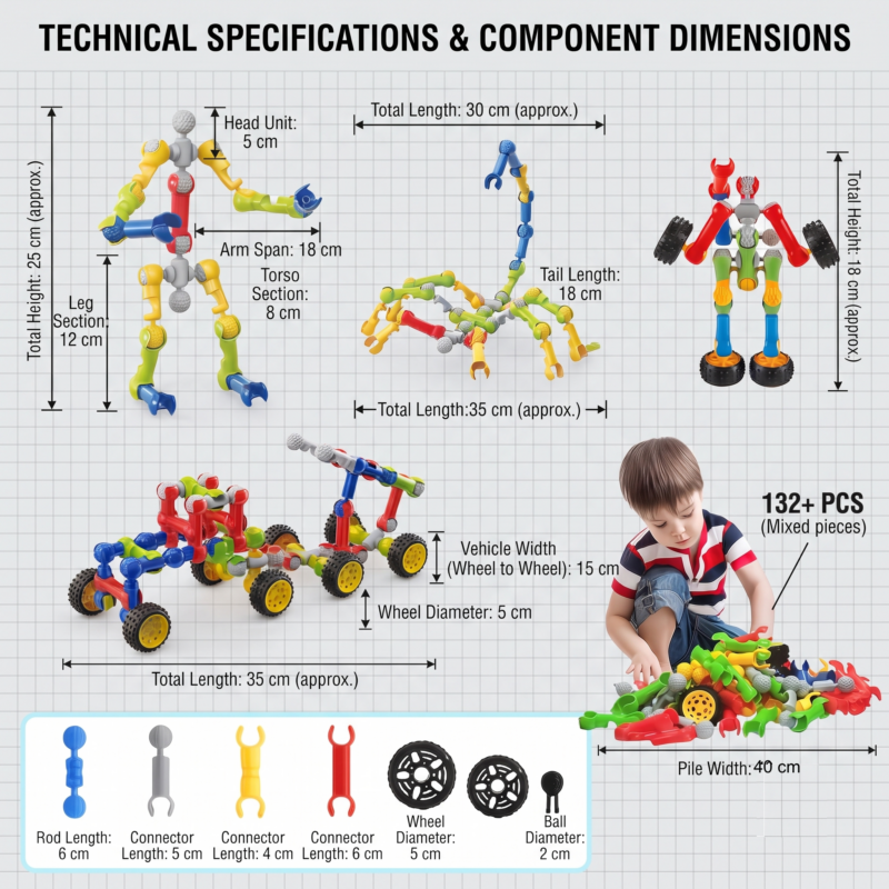 132pcs Kids STEM Building Toys for 3+ Year Old Boy Girl Birthday Gift, Educational Building Blocks Stem Kits Activities Engineering Creative Games, Ideal Christmas Birthday Gifts 3 Precise dimension chart for Kids STEM Building Toys components and assembled models