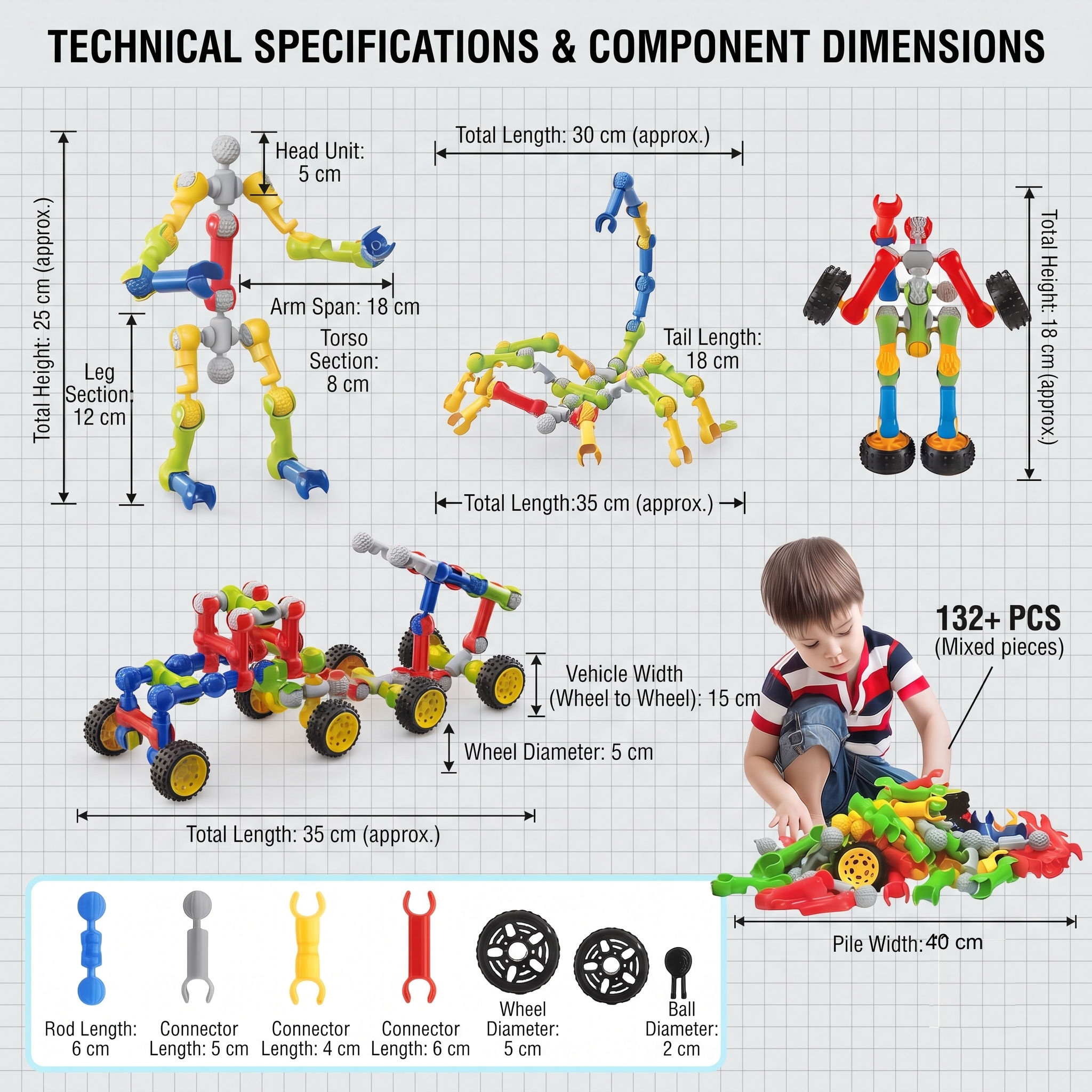 132pcs Kids STEM Building Toys for 3+ Year Old Boy Girl Birthday Gift, Educational Building Blocks Stem Kits Activities Engineering Creative Games, Ideal Christmas Birthday Gifts 8 Precise dimension chart for Kids STEM Building Toys components and assembled models