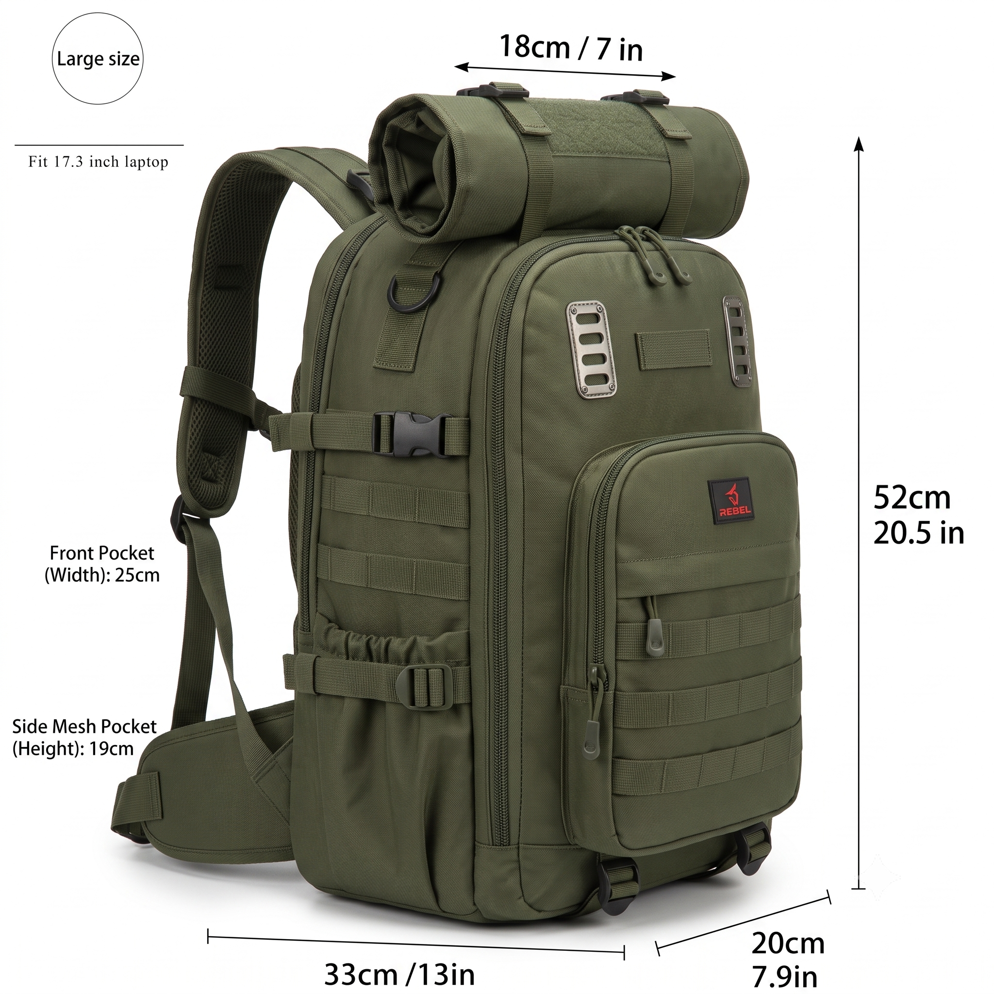 One Large Capacity Laptop Backpack, Designed for Both Men And Women, Featuring a Multifunctional Travel Design with a Compartment for Shoes, Ideal for Business Trips, Travel, College, Holiday Travel, Party Gifts, School Use 18 A detailed sizing and technical measurement diagram of the tactical army green variant of the One Large Capacity Laptop Backpack. The image uses measurement lines to show a total height of 52cm or 20.5 inches, a baseline width of 33cm or 13 inches, a depth of 20cm or 7.9 inches, a top roll-mat width of 18cm or 7 inches, a front pocket width of 25cm, and a side mesh pocket height of 19cm.