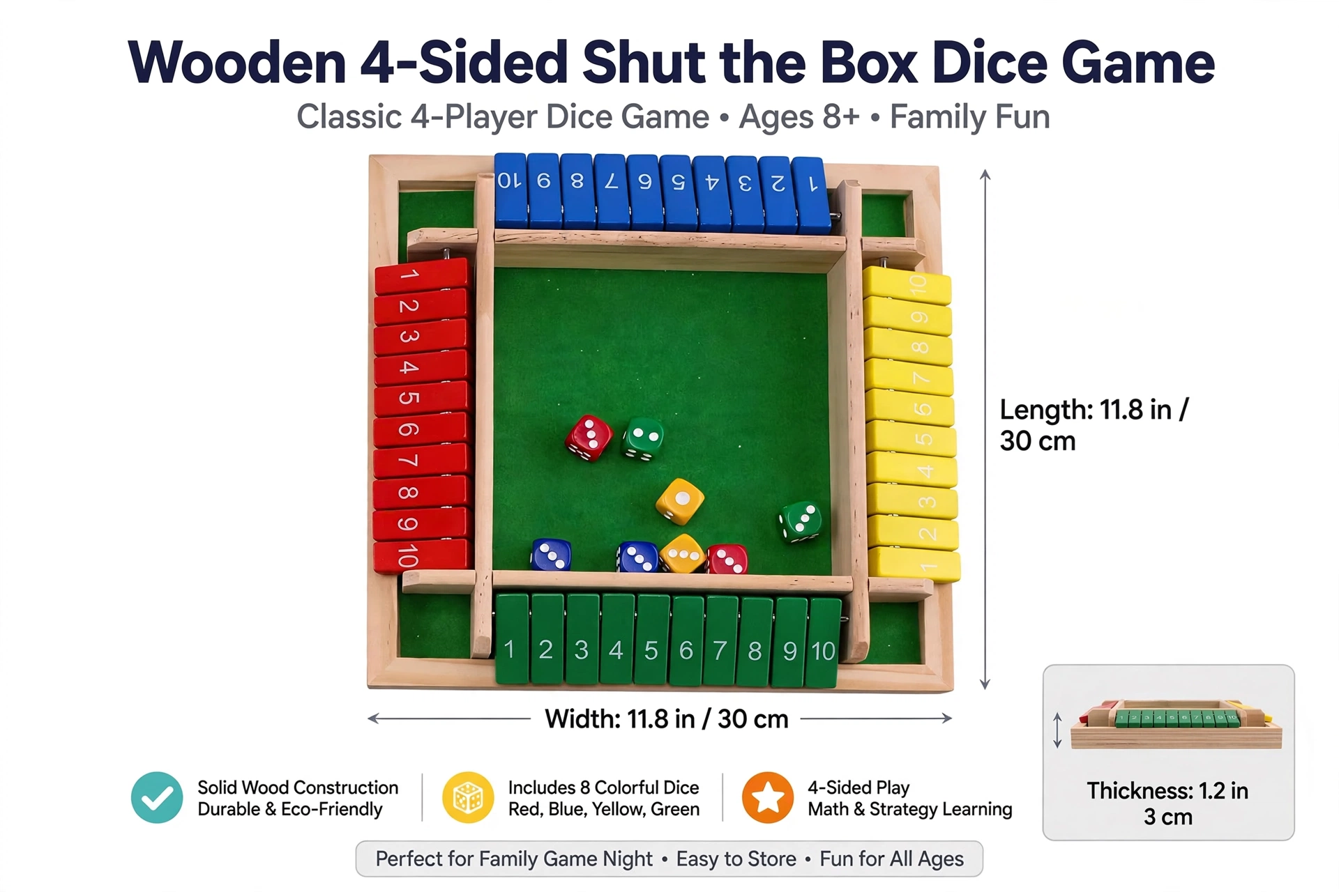 Wooden Shut the Box Dice Game, Classic Family Board Game for Math & Decision-Making Skills, for 2-6 Players, Perfect for Parties Birthdays Halloween and Christmas Gifts, Ideal for Family Game Nights and Stocking Stuffers 7 An infographic image displaying the length, width, and thickness measurements of the Wooden Shut the Box Dice Game alongside feature icons.