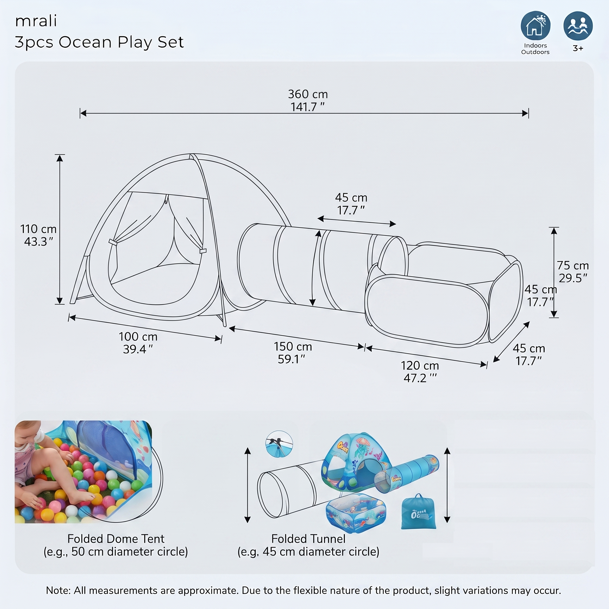 Blue Ocean 3pcs Kids Ball Pool, Suitable for Indoor and Outdoor Children's Play Tents, Themed Playhouses, Family Gatherings, and Crawling Practice. Ideal for Boys and Girls, Includes a Storage Bag. Perfect for Birthdays and Holidays as a Gift. Balls 8 A four-panel collage showing children playing and close-up views of the Blue Ocean 3pcs Kids Ball Pool.