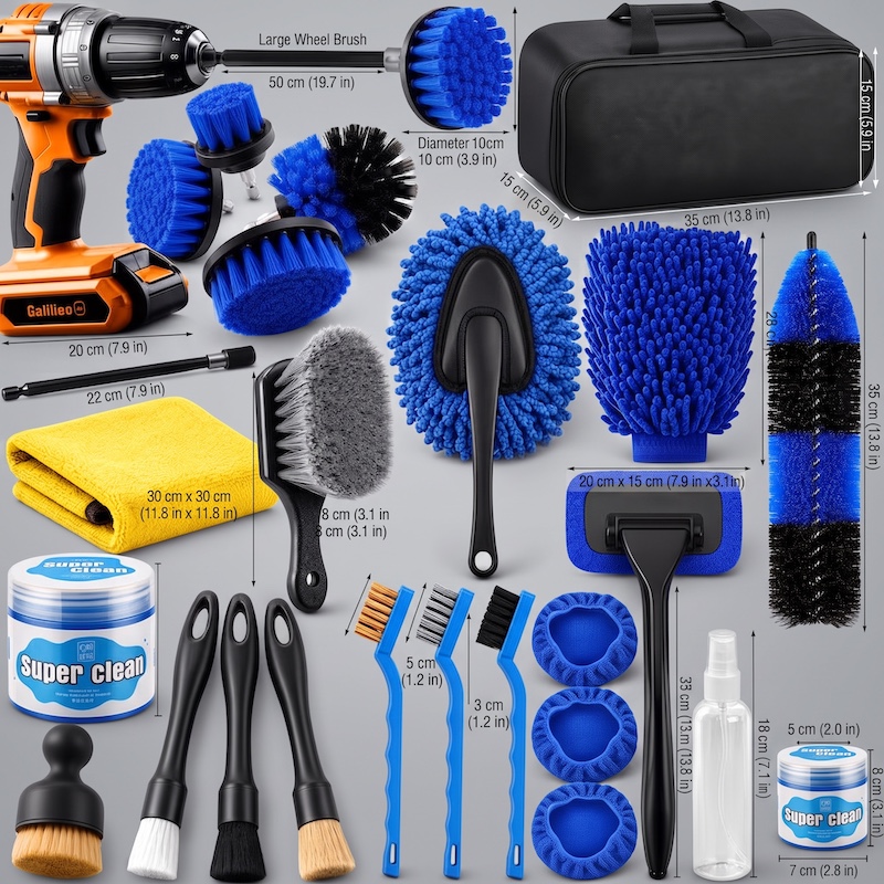 26pcs Car Detailing Brush Set, Car Detailing Kit, Car Detailing Brushes, Car Cleaning Kit, Car Windshield Cleaning Tool, Professional Car Care Kit - Car Wash Brush Kit for Interior Exterior Wheels 16 An identical flat lay product photograph as image_24.png, but with white measurement lines and text labels added to indicate the sizes of most items in the 26pcs Car Detailing Brush Set. Labels include dimensions for the large wheel brush, drill brushes, microfiber towel, detailing brushes, and spray bottle.
