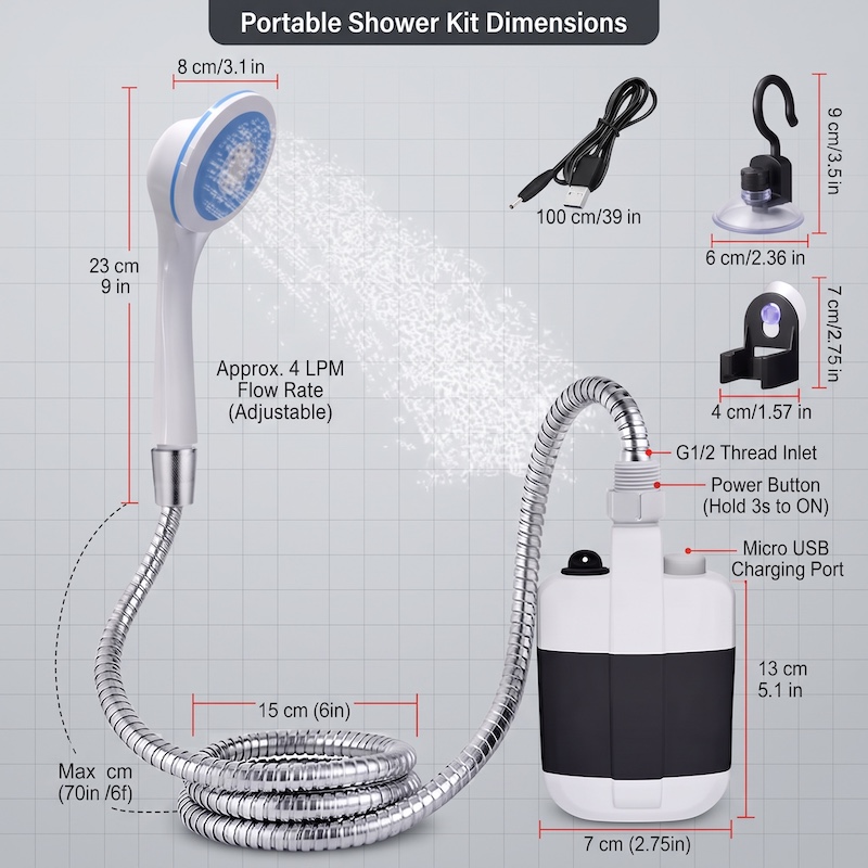 Compact And Rechargeable Shower Pump with Hose, Ideal for Outdoor Activities Like Camping, Beach Trips, Car Washing, And Pet Grooming. Features an Ergonomic Handle And a Modern Design, Built to Last 15 An infographic displaying the dimensions of the shower kit components against a light gray grid background. Measurements are given in both centimeters and inches for the shower head, hose length, pump unit, USB cable, and mounting accessories. Text includes "Portable Shower Kit Dimensions," "Approx. 4 LPM Flow Rate (Adjustable)," and other technical details.