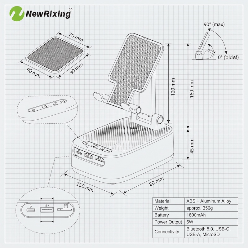 NewRixing 6W Wireless Speaker with Phone Holder, TWS Dual Pairing, 1800mAh Battery, Hands-Free Calling, Portable Power Bank, 6-Hour Playtime, Hi-Fi Sound Quality, Loud Stereo & Deep Bass, USB-C Charging, Indoor/Outdoor Use, Adjustable Stand, Durable 35 Technical blueprint and dimension diagram of the NewRixing Wireless Speaker with Phone Holder, displaying precise measurements in millimeters, adjustable angles, port layouts, and a specification chart.