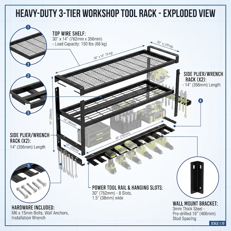 Wall-Mounted Electric Tool Organizer, 4-Tier Wireless Tool Storage with 8 Drill Bit Holders, Practical Garage Rack, Gift for Men, Boyfriends, Husbands, and Partners - Valentine's Day Gifts, Storage Racks 35 Technical exploded view drawing showing the dimensions, load capacity, and component breakdown of a Wall-Mounted Electric Tool Organizer.