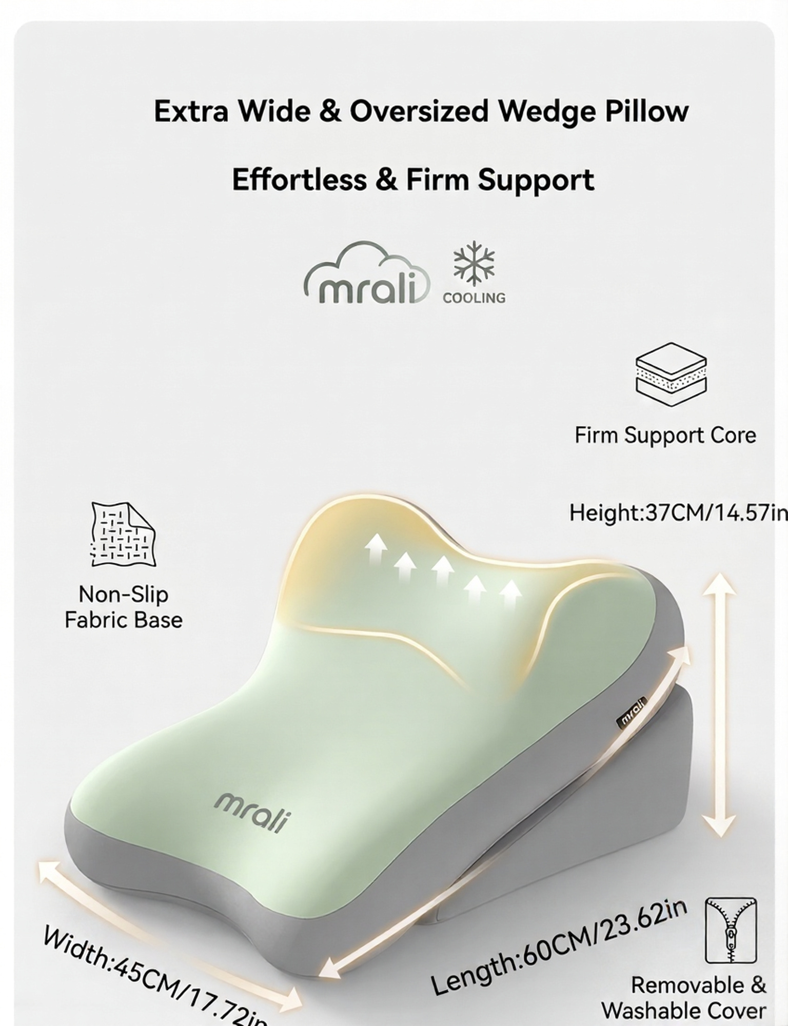 reliable Ergonomic Bed Wedge Pillow Adjustable Memory Foam Backrest for Reading, 2pcs Split Design Support Pillow for Sitting Up in Bed, Non-Slip Lumbar & Neck Cushion for Home Office & Relaxing 13 A sizing and dimension chart infographic for the oversized mrali grey green color Bed Wedge Pillow, detailing a width of 45cm, length of 60cm, and a total stacked height of 37cm along with feature callouts.